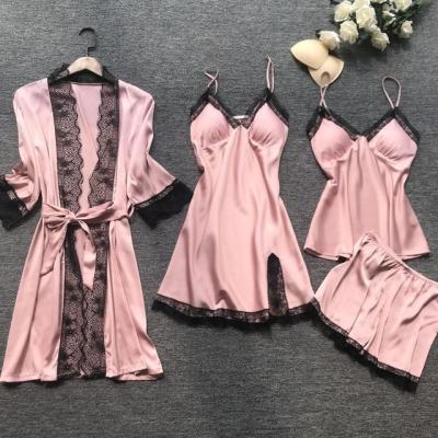 China Wholesale Custom QUICK DRY 4 Piece Satin Silk Sleepwear Set Sexy Strap Lace Chest Pad Long Robe Nightwear For Ladies for sale