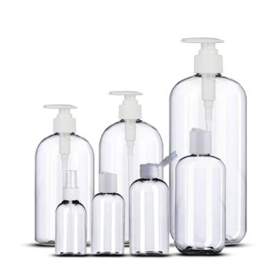 China 2oz 4oz 8oz 12oz 16oz 33oz Boston Plastic Clear Empty Cosmetic PET Round Bottle With Pump Sprayer In Stock for sale