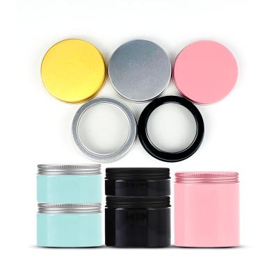 China Cosmetic BPA Free Plastic Round Jar with Metal Aluminum Lid for Cosmetic Paste Body Cream Butter for sale