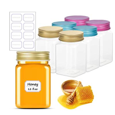 China 350ml Free Food Storage Containers 12 Ounce BPA Food Grade Clear Empty Plastic Pantry Canisters Square Honey Jar With Aluminum Lid for sale