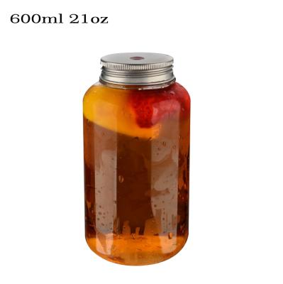 China food & Beverage Packaging Wholesale Food Grade 600ml 20oz Clear Stain PET Plastic Juice Drinks Round Bottle With Perforated Aluminum Cap for sale