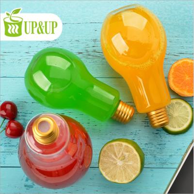 China 300ml 10oz Juice Coffee Milk Tea Beer Sustainable Beverage Disposable Bulb Shape Cold Drinks PET Plastic Bottle With Lid for sale