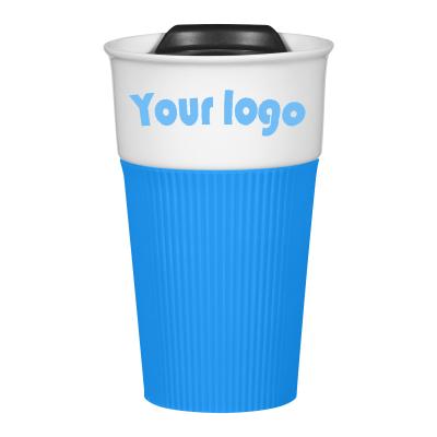 China Viable Promotional Custom Ceramic Mug With Silicone Sleeve And Lid Travel Coffee Mug for sale