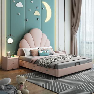 China Modern Simple Solid Wood Shell Kids Bed Princess Pink Bed Girl Leather Upholstered Bed for sale