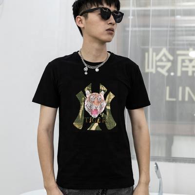 China Anti-wrinkle custom sequin and logo printed round neck t-shirt for stylish men for sale