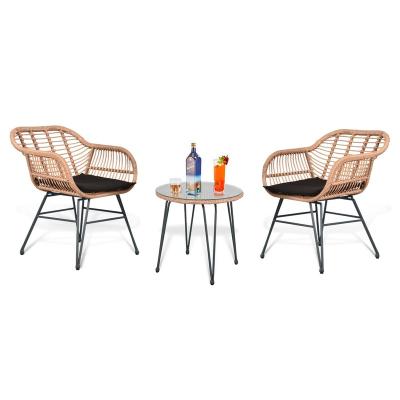 China Modern Factory Direct Outdoor Patio Bistro Set 3 Piece Rattan Wicker Conversation Chair Sets Bobo Balcony Furniture Chairs for sale