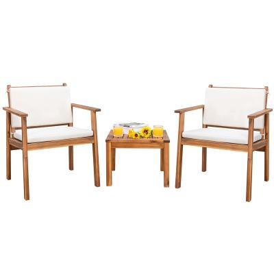 China Modern Hot Sale Patio Set 3 Piece Acacia Wood Outdoor Furniture Conversation Seat with Table & Cushions Porch Chairs for Balcony for sale