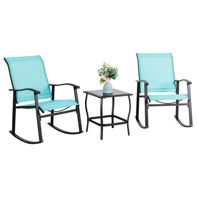 China Modern Factory direct sale 3 Piece Outdoor Rocking Bistro Set Fabric Small Patio Furniture Set Rocker Chairs for sale