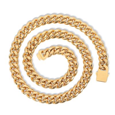 China Hiphop Stainless Steel Gold Plated HipHop Jewelry 12mm Miami Cuban Link Heavy Chain Necklace for sale