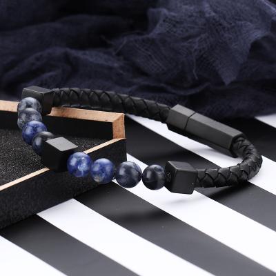 China Trendy Fashion High Quality Handmade Natural Stone Stone Custom Men's Pearl Leather Bracelet for sale