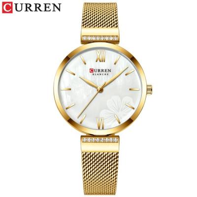 China Luxury Curren Day/Date 9067 Gold Women Steel Mesh Strap Printing Flower Watch Girls Watch Buckle Watch for sale