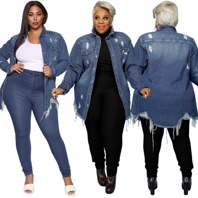 China 2022 QUICK DRY blue denim plus size hole fringed women's long button denim jacket for sale