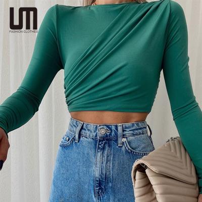 China Anti-wrinkle Liu Ming Womens Clothing 2022 Fashion Ruffled O Neck Long Sleeve T-shirt Streetwear Crop Top for sale