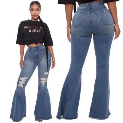 China Breathable New Arrivals 2021 Denim Rocket Bell Bottom Distressed Jeans For Women for sale