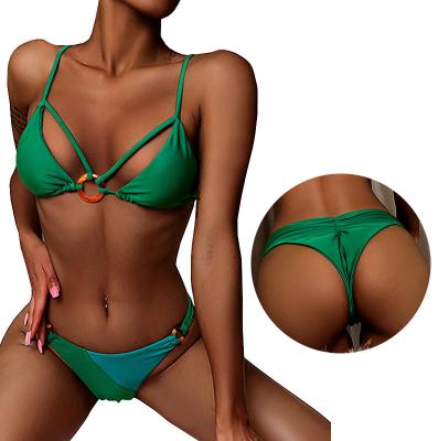 China 2022 Custom Open Back Thong Bikini Swimwear Breathable Logo Bathing Suits Green Color for sale