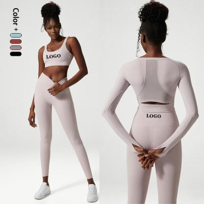 China Custom Gym Mesh Logo Leggings Breathable Women Crop Top Moq Bottoms Activewear Breathable Workout Clothing Woman 3 Piece Yoga Set for sale