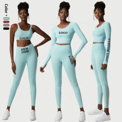 China Breathable Gym Fitness Sets Gym Mesh Leggings Set of 3 Piece Women Athleisure Yoga Clothing Sports Wear Set Crop Top Women for sale