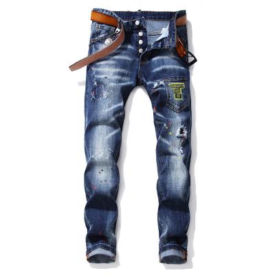 China Factory wholesale men's jeans QUICK DRY ripped patch jeans men's badge stretch embroidery pant jeans for sale