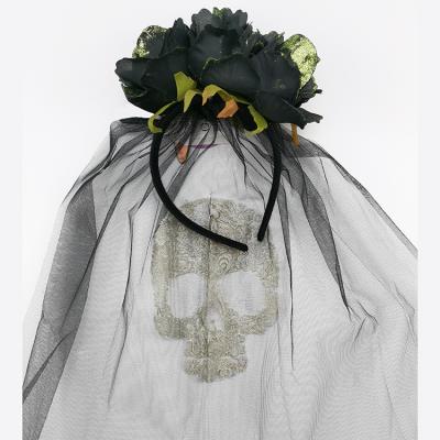 China Fashional Fashional Halloween Party Headband with Black Rose Veil Flower and Skull Headband Veil and Net Lace Halloween Headband with Veil for sale