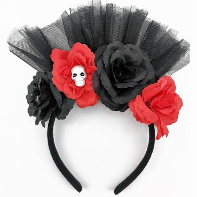 China Fashional Fashional Different Bone Skull Colors Dead Halloween Headband With Big Flowers Large Skull Halloween Headband With Rose And Red Black Rose for sale