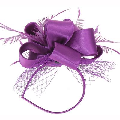 China Fashion Ladies Hair Accessories Satin Fascinators Hair Band Purple Mesh Bow Flower Fascinator Headband for sale