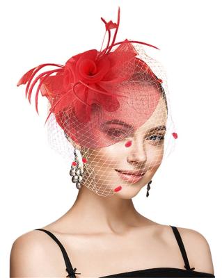 China Pretty Lady Pretty Lady Fashion Fashional Wedding Fascinators Red Flower Headband Feather Fascinator Headband With Veil for sale