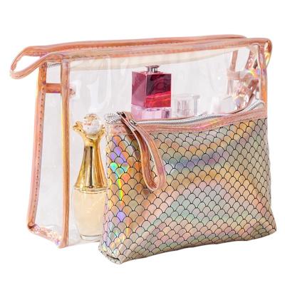 China New Arrival Clear High Capacity Fish Scale Makeup Bag Mermaid Holographic PVC Cosmetic Bag for sale