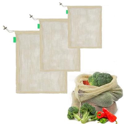 China 3 Sizes Recyclable Cotton Mesh Bags Vegetable Fruit Drawstring Shopping Bags for sale