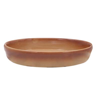 China Wholesale Viable Bakeware Western Style Brown Color Pizza Baking Oval Ceramic Baking Dish Cake Pan for sale