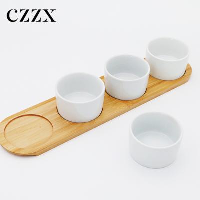 China China Sustainable Supplier Cheap Porcelain Snacks Nuts Candy Bowl Dishes Set With Long Wooden Tray For Daily Use for sale