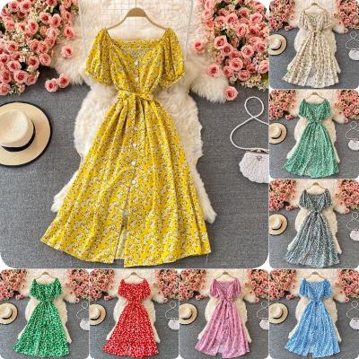 China Anti-wrinkle summer new popular fashion high-end temperament ink printed single breasted line waist lapel skirt wholesale for sale