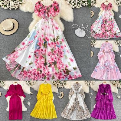 China wholesale Slim Elegant Skirt Neck Anti-wrinkle Summer Bow Chiffon Print Dress Long for sale