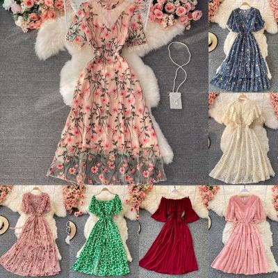 China Anti-wrinkle summer ruffled print casual ruffled one-piece off-shoulder MIDI edge group wholesale for sale