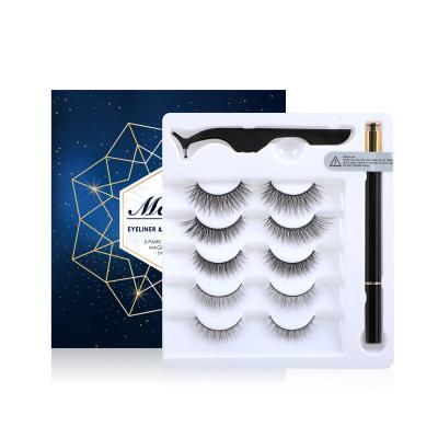 China Natural soft magnetic eyelashes 5 pairs one set with magnetic eyeliner and tweezers eyelash for sale