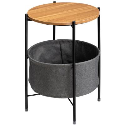 China Easy To Clean Home Office Indoor 2 Tier Around MDF Wooden Top Round Side Table With Cloth Storage Basket for sale