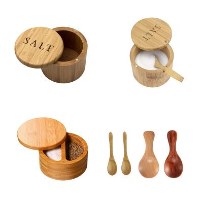 China Wooden Cellar Marble Salt Box Spice Spice Pepper Bowls Sustainable Bamboo Pot With Wooden Lid for sale