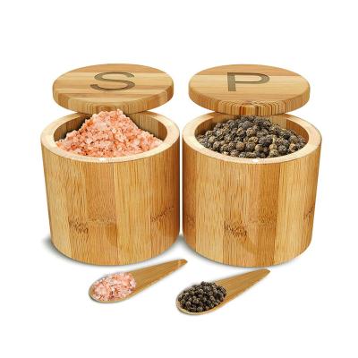 China Wholesale Custom Viable Spices Storage Container Wooden Logo Spices Condiment Jar Bamboo Salt Box With Swivel Lid for sale