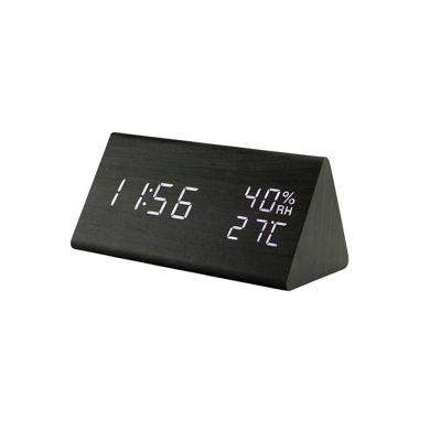 China Antique Style Multifunction OEM LED Digital Wooden Alarm Clock With Acoustic Control Sensing Time Date Temperature Indicate for sale