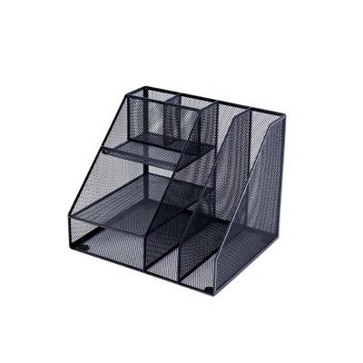 China Black Metal Mesh Desk Organizer with Sliding Drawer, Double Tray and 5 Straight Sections for sale