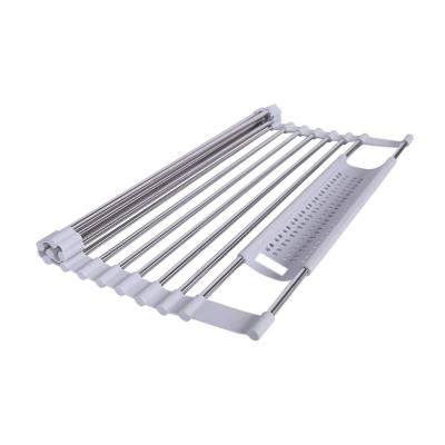 China Viable Roll Up Silicone Kitchen Stainless Steel Drain Basket Plastic Folding Dish Drying Sink Rack Organizador De Fregadero Drainer for sale