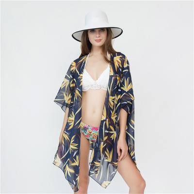 China 2022 summer fashion breathable bikini printed beach travel vacation shawl maple cardigan top kimono long for sale