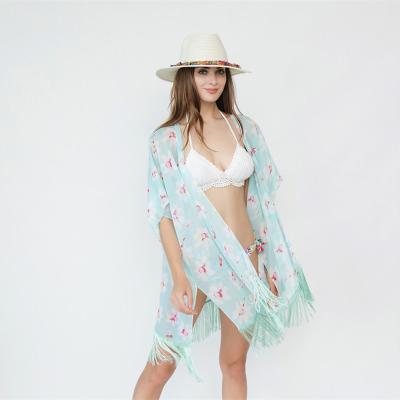 China Loose Breathable Blue Print Kimono Cardigan Ladies Beach Cover Up Swimwear Beach Outfit Women With Tassel Design for sale