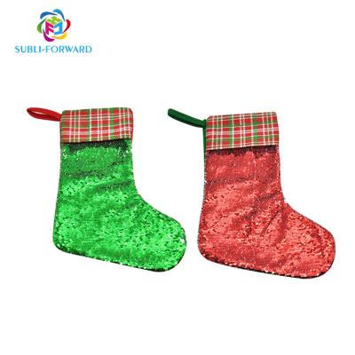 China 2022 Fashionable and Beautiful Christmas Decoration Supplier New Custom Sublimation White Recycled Christmas Gift Canvas Calico Sequin Christmas Stocking for sale