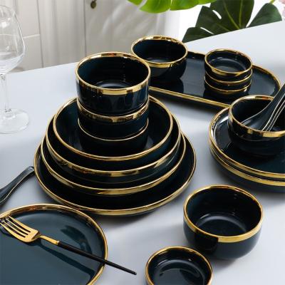 China Disposable Sustainable Dinnerware Sets Luxury Dinnerware Dinnerware Ceramic Dinner Set With Gold Ring for sale