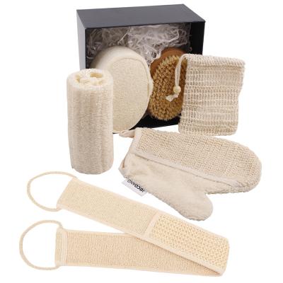 China EXFOLIATE Natural Long Loofah Body Cleansing Brush Exfoliating Bath Ball Massager Bath Scrubber Set for sale