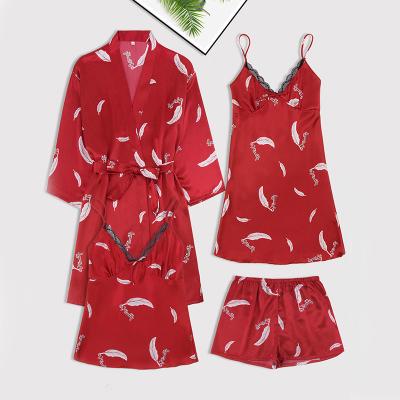 China 2021 QUICK DRY Wholesale Copy Feather Summer 4 Piece Silk Satin Nightgown Sets Plus Size Pajamas Women Sleepwear for sale