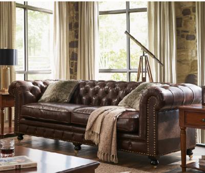 China Leather Sofa Bed Vintage Living Room Chesterfield 3 Seat Sofa Button Tufted Armchair Chesterfield Sofa Genuine Leather Luxury Set for sale