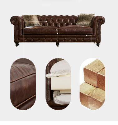 China Luxury Antique Brown Leather Living Room Furniture Sofa Bed Button Sofa And Armchair Sofa Set Tufted Chesterfield Sofa for sale