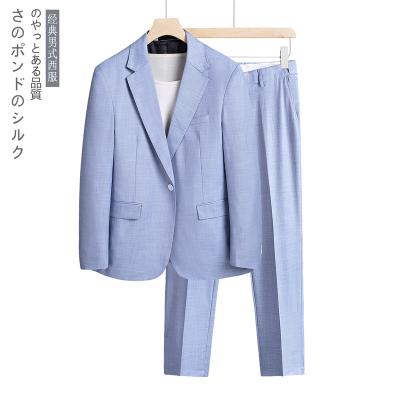 China Wholesale Anti-Wrinkle Men Suits 2 Pieces Slim Fit Set Suits For Men Light Blue Coat Pant Suits Wedding Formal Suit for sale