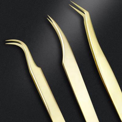 China Comfortable Handle Wholesale J Type Curved Gold Stainless Steel Eyelash Extension Tweezers With Custom Brand for sale